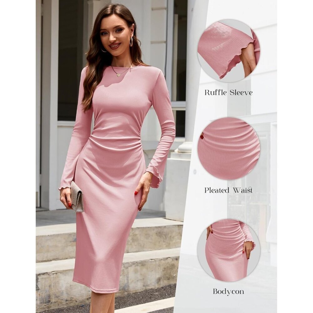 Women's Ribbed Knit Bodycon Midi Dress Long Sleeve Feminine Elegant Fashion - Picture 4 of 7